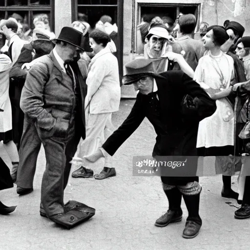 Prompt: soup Nazi telling Elaine no soup for you outside of beer hall in Munich 1930, black and white, 8k,