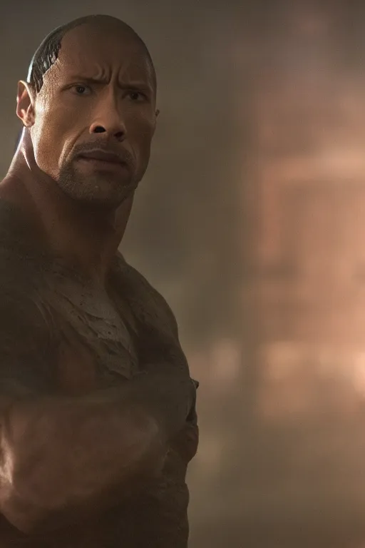 Image similar to An epic cinematic film still of Dwayne Johnson in the movie Blade Runner: 2049.