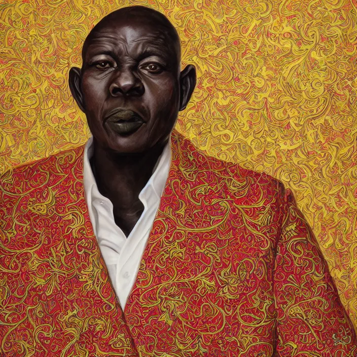 Image similar to a painting of a XXL wise elder from Kenya in a suit by Kehinde Wiley . dramatic angle, ethereal lights, details, smooth, sharp focus, illustration, realistic, cinematic, artstation, award winning, rgb , unreal engine, octane render, cinematic light, macro, depth of field, blur, red light and clouds from the back, highly detailed epic cinematic concept art CG render made in Maya, Blender and Photoshop, octane render, excellent composition, dynamic dramatic cinematic lighting, aesthetic, very inspirational, arthouse.