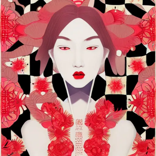 Image similar to 2 d generative art, detailed concept art painting art deco pattern black diamonds + red flowers and diamonds by hsiao - ron cheng, no humans, exquisite detail