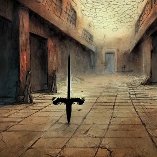 Prompt: an evil sword on the ground. ( concept art by enki bilal, museum picture, 4 k, backlit )