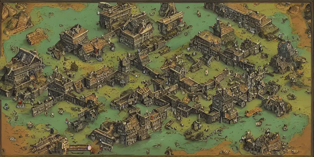 Prompt: isometric strategy game view, 1 8 th century german village, spooky cthulhu map, amazing detail, game art by moebius,