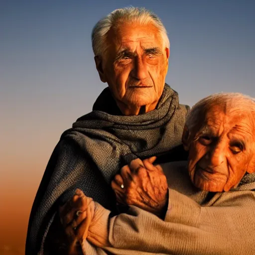 Prompt: award winning cinematic still portrait of 85 year old Mediterranean skinned man, short hair, in ancient Canaanite clothing crying holding a 22 year old Mediterranean skinned man, short hair, in ancient Canaanite clothing. Just before sunrise. Desert mountain background. sad, depressed, lonely, Biblical epic directed by Christopher Nolan