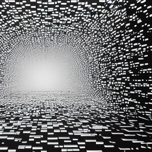 Image similar to defragmentation ( becoming whole with the glitch inside ), in the style of hiroya oku and ryoji ikeda and stanley kubrick, black and white, photorealistic, epic, super technical, 3 d render