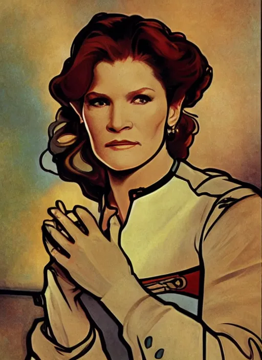 Prompt: captain janeway from star trek voyager, a still from star trek voyager painted by alphonse mucha. clear highly detailed face, beautiful sci fi art