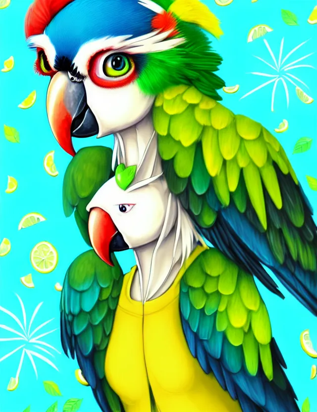 Image similar to a cute anthropomorphic macaw parrot girl anthro wearing a lemon lime ribbon, park background, very anime!!! kawaii!! furry!! intricate details, aesthetically complementary colors, scenic background, art by rising artists with a radically new style. trending on artstation, top rated on pixiv and furaffinity