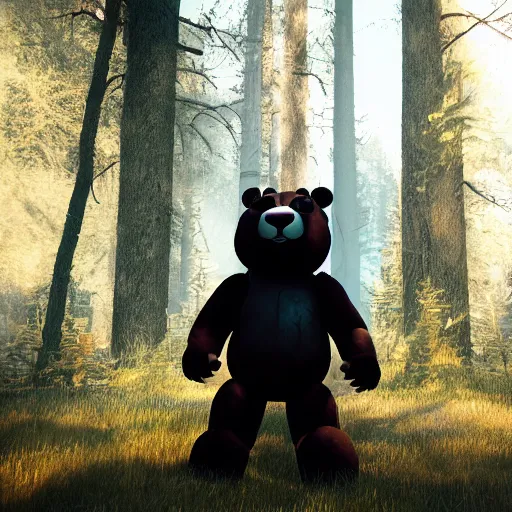 Image similar to A photo of the person in black bear suit, animatronic black Freddy Fazbear with red glowing eyes, 8k, ultra detail, volumetric lighting, unreal engine, octane render, ultra realistic, max quality, epic 35 mm lens shot, photorealism