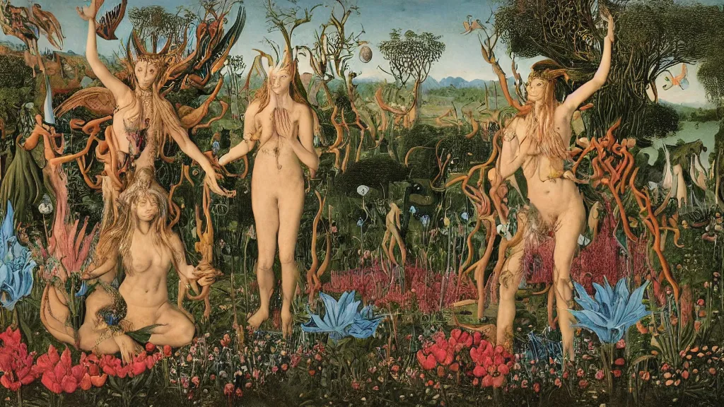 Prompt: a photograph of a meditating centaur shaman and a harpy mermaid mutating into aliens. surrounded by bulbous flowers and a few trees. river delta with mountains under a blue sky full of burning stars and birds. painted by jan van eyck, max ernst, ernst haeckel, ernst fuchs and artgerm. trending on artstation