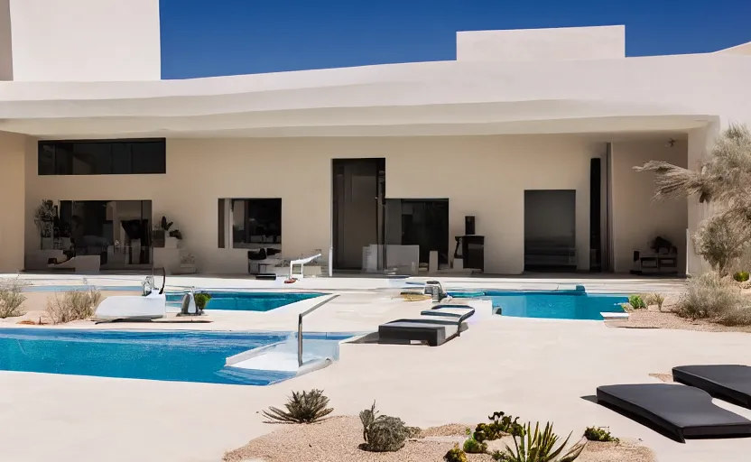 Prompt: modern house in the middle of desert, pool, professional photography