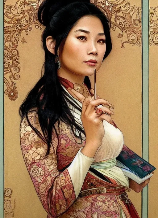 Image similar to a painting of a beautiful 35 year old Asian woman with tanned skin and traditional dress with long sleeves that cover one hand. She is holding a pen. by Artgerm and Greg Rutkowski and Alphonse Mucha, dramatic studio lighting