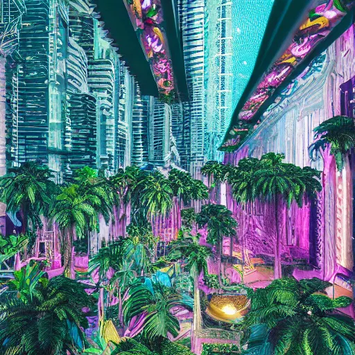 Image similar to vaporwave jungle city, digital art, cosmic, 3 d high definition, trending on art station, photorealistic, high resolution, v 8 k, octane, hyper detailed, insane details, intricate, elite, ornate, elegant trend, highly detailed and intricate, sharp focus, photography, unreal engine