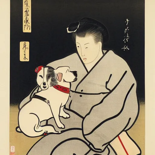 Prompt: tired white pitbull puppy curled up on a japanese man's lap, vintage, art by utamaro