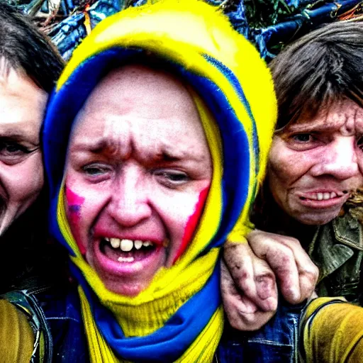 Image similar to the last selfie taken in ukraine after the nuclear war, the ukrainian in yellow and blue rags screaming and crying in pain, terrible terrible mutations and injuries, with a nuclear explosion next to it destroying everything in a second