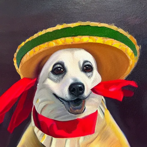 Image similar to Oil painting of a doge wearing a sombrero and a red neckerchief in the desert