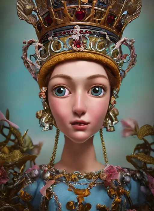 Image similar to closeup face profile portrait of tin toy joan of arc as a fairytale princess wearing a crown eating cakes, bikini, depth of field, zeiss lens, detailed, symmetrical, centered, fashion photoshoot, by nicoletta ceccoli, mark ryden, lostfish, breathtaking, 8 k resolution, extremely detailed, beautiful, establishing shot, artistic, hyperrealistic, octane render