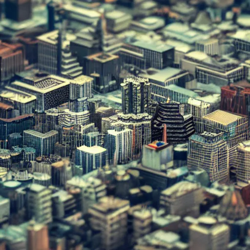 Image similar to macro shot of tiny cityscape, ultra detail, ultra realistic, hyper detailed, sharp focus, ray tracing, octane render