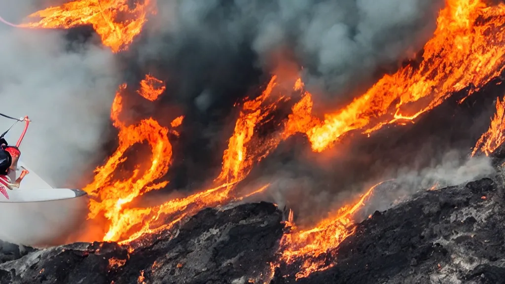 Image similar to person wearing a sponsored team jersey with logos jumping out of a helicopter with a surfboard into a volcano, action shot, dystopian, thick black smoke and fire, sharp focus