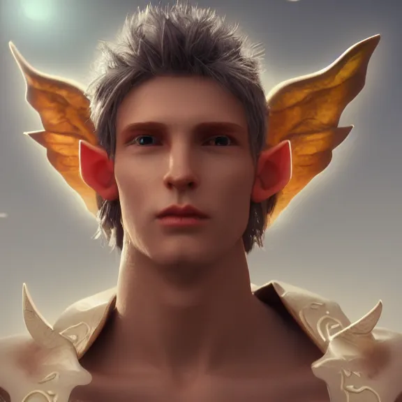Prompt: a portrait of a glowing enchanted hard angelic heavenly male elf made of stone in heaven, fantasy, octane render, unreal engine, artstation, digital painting.