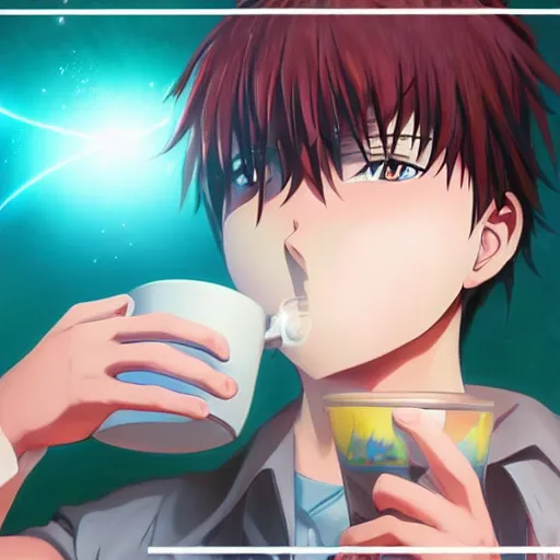 Image similar to 4k_digital_art_surreal_anime_of_an_anime dude_drinking_a_cup_of_cosmic_energy_bright_light