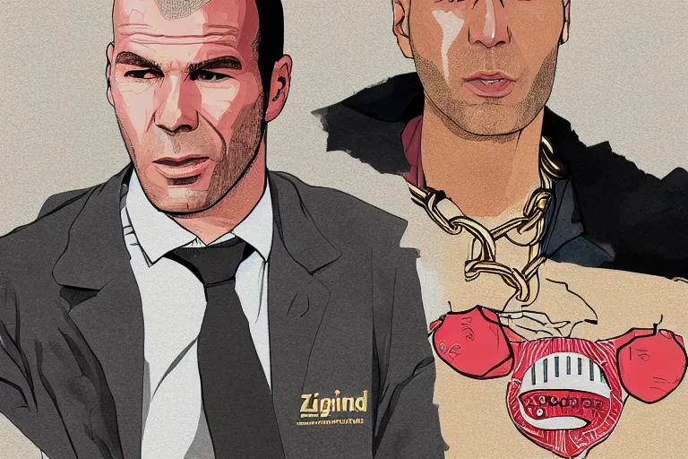 Image similar to illustration of zinedine zidane in a gta waiting screen, gold chain, los angeles, by stephen bliss