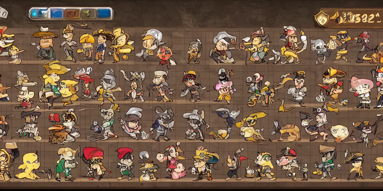 Image similar to item selection screen, grid, 2 d sprite, art deco era gangsters, chibi animals, chibi pirates