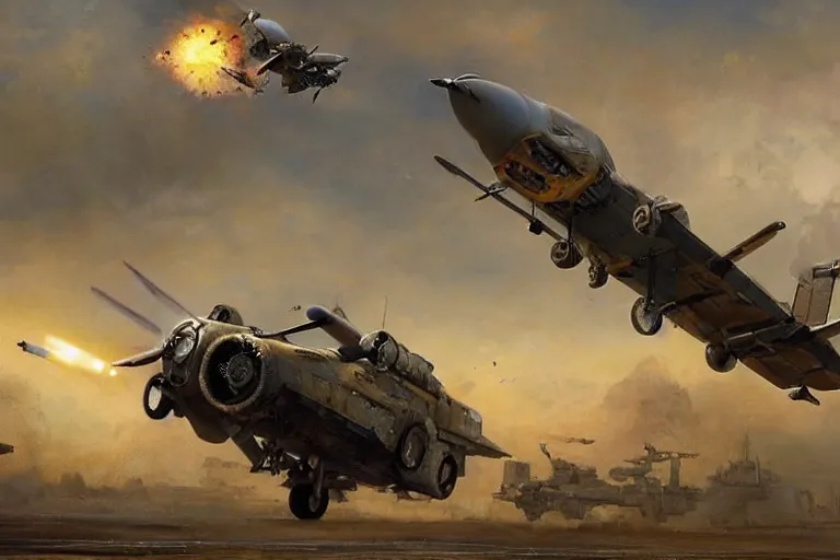 Image similar to A steampunk A10 fairchild republic warthog a close support fighter plane shooting it's gatling gun, mattepainting by Greg Rutkowski Raphael Lacoste and John Berkey, realistic, raytracing, trending on Artstation