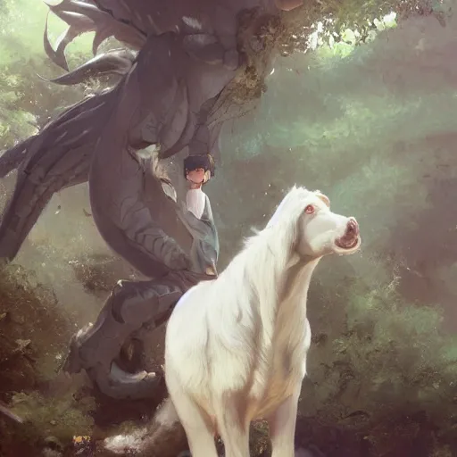 Image similar to a person hugging a large white animal, a detailed painting by krenz cushart, pixiv contest winner, fantasy art, official art, detailed painting, pixiv. highly detailed. 4 k masterpiece.