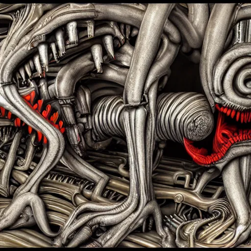 Prompt: hr giger highly detailed anatomical biomechanical industrial factory made to chew object via teeth, biomechanical xenomorph machine made of teeth red gums red sinew red muscle, disturbing biohorror saliva, cinematic 3 d render unreal engine, photorealistic, volumetric lighting, photographed by hr giger, rendered by hr giger, designed by hr giger