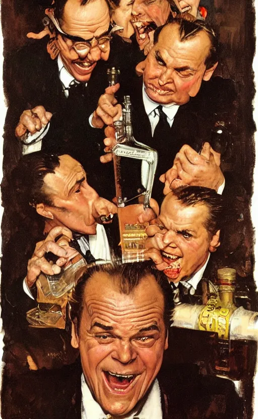 Image similar to illustration, inside a bottle of whiskey we see jack nicholson face, by norman rockwell, roberto ferri, daniel gerhartz, edd cartier, jack kirby, howard brown, tom lovell, jacob collins, dean cornwell