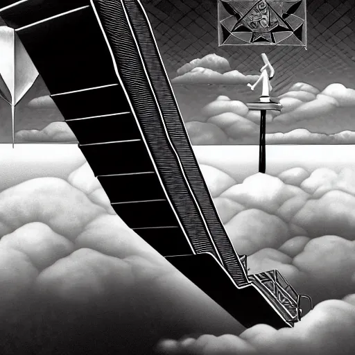 Image similar to A black and white freemasonic chequered surrealist digital painting of a stairway to into the clouds in the art style of jeff koons, Gilbert williams, Edwin Frederic Church and Christopher Balaskas, trending on artstation, 4k UHD