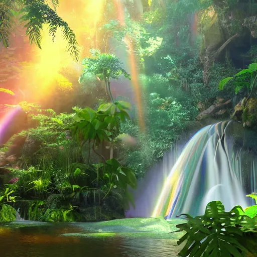 Image similar to sparkling pastel rainbow dye maguk waterfall kakadu, animation art, breath of the wild, studio ghibli style, sun rays, fantasy feeling, lush vegetation and fern gorge, plants, miyazaki, shinkai makoto, hyper detail, octane render