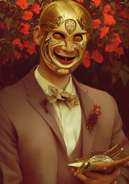 Prompt: a portrait of the happy mask salesman, grinning, ginger hair, handsome, intricate, elegant, highly detailed, digital painting, artstation, concept art, smooth, sharp focus, illustration, art by artgerm and greg rutkowski and alphonse mucha and william - adolphe bouguereau