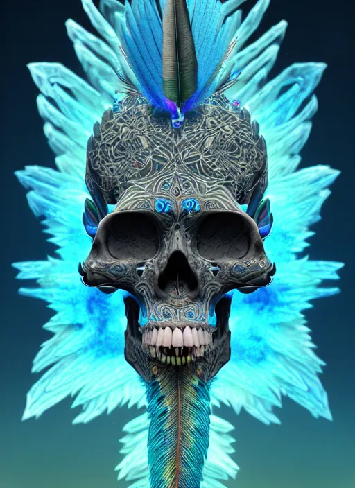 Image similar to 3 d shaman with tattoos profile portrait, sigma 5 0 0 mm f / 5. beautiful intricate highly detailed quetzalcoatl skull and feathers. bioluminescent, gradient background, plasma, frost, water, wind, creature, thunderstorm! artwork by tooth wu and wlop and beeple and greg rutkowski, 8 k trending on artstation,