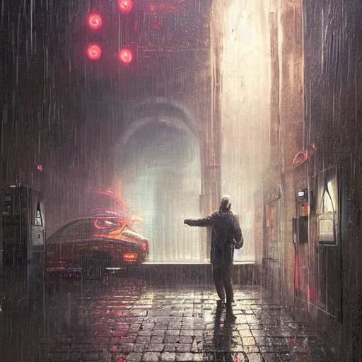 Prompt: a drenched man in a rainy alleyway at a vending machine opens an alien portal into another dimension, vivid caustics into another universe, realistic photography, beautiful interior, hyperrealism, incredible, award - winning photography, by greg rutkowski, lovecraftian