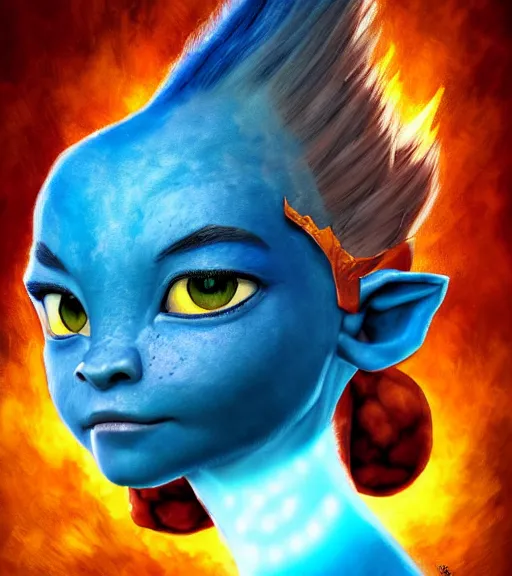 Prompt: an epic fantasy comic book style portrait painting of an extremely cute and adorable very beautiful volcanopunk magma firedrake halfling na'vi from avatar, by mark ryden and pixar and hayao miyazaki, unreal 5, daz, hyperrealistic, octane render, cosplay, rpg portrait, dynamic lighting, intricate detail, summer vibrancy, cinematic