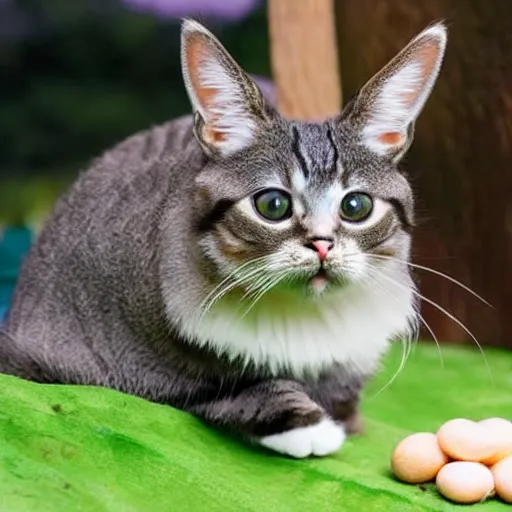 Prompt: cat morphed with bunny, hybrid animal, bunny features and cat features, picture taken in zoo