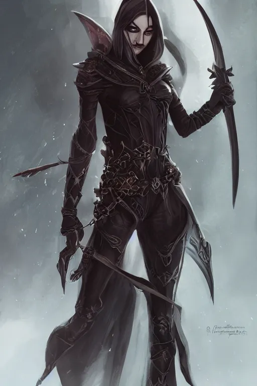 Prompt: Portrait of a female Elf Rogue named \'Mistress of Death\', high fantasy, epic, black leather armor, dagger, smoke, by artstation, trending, artstationHD, artstationHQ, cgsociety, ultra HD, 8k