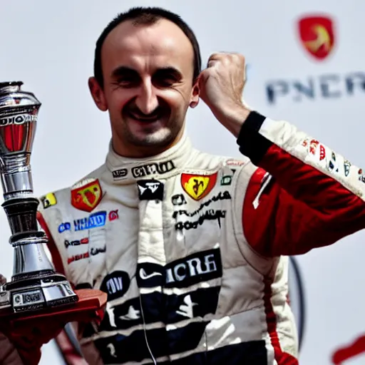 Prompt: Robert Kubica wearing a Ferrari uniform holding a F1 driver championship trophy, news photography, detailed, in focus