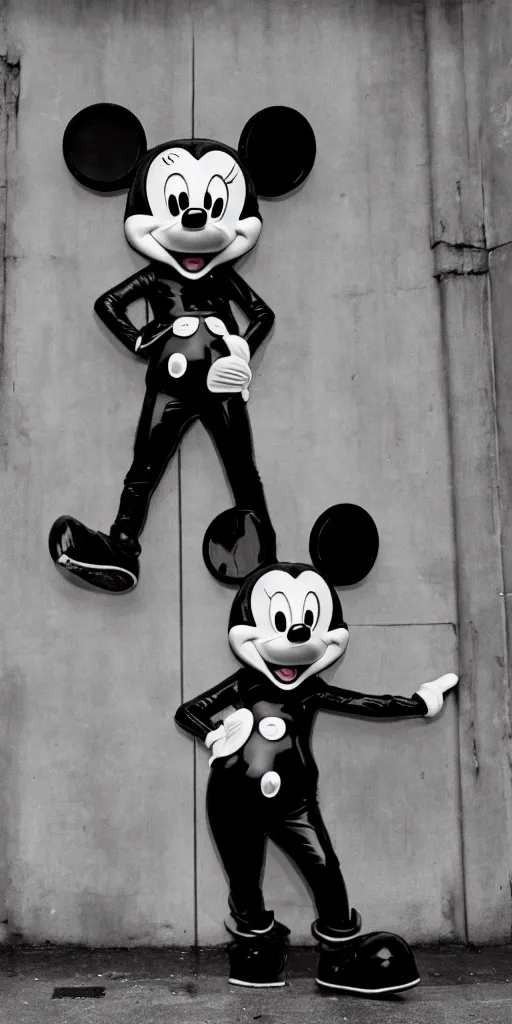 Image similar to photographic shot of mickey mouse wearing a latex outfit in front of berghain, berlin style, photography by sven marquardt, highly detailed, photorealistic, 4 k