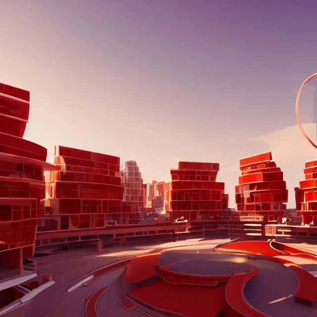 Image similar to futuristic white square building city with circle shaped windows, red colored hills in the background, night lighting, round windows, futuristic cinematic, volumetric, realistic, cinematic lighting, ray tracing, unreal engine 5, octane render, hyper realistic, 8 k