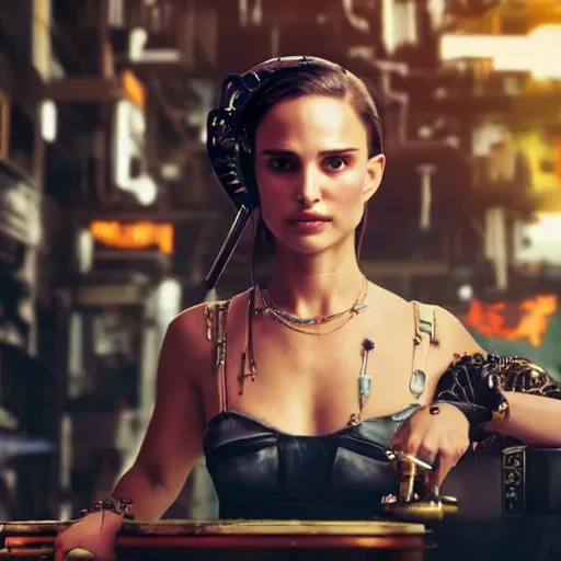 Image similar to a high quality portrait of natalie portman as a pirate in a cyberpunk cyberpunk cyberpunk cafe, realism, 8k, award winning photo