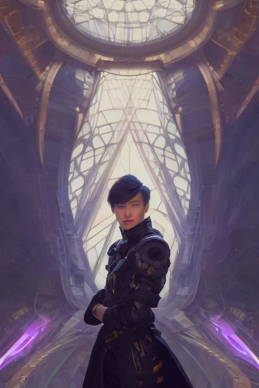 Image similar to portrait of a man with futuristic haircut, soft smile, final fantasy, league of legends champion, strong iridescent light, by chengwei pan and sakimichan and greg rutkowski and alphonse mucha, gradient white to gold, in front of a magical building background, highly detailed portrait, digital painting, smooth, focus illustration