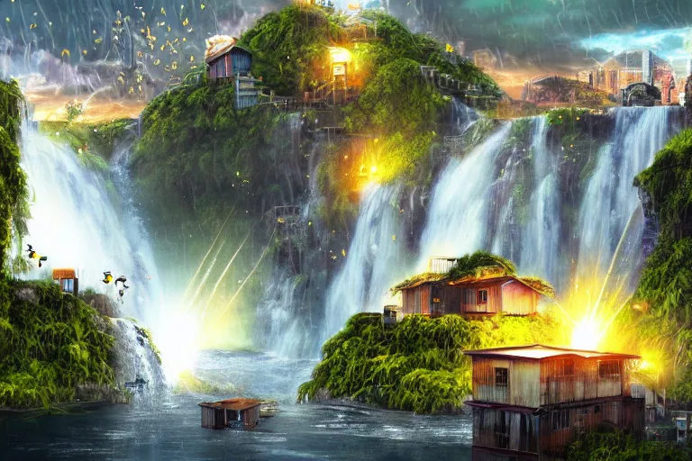 Image similar to waterfall favela honeybee hive, mission environment, lightning, industrial factory, award winning art, epic dreamlike fantasy landscape, ultra realistic,