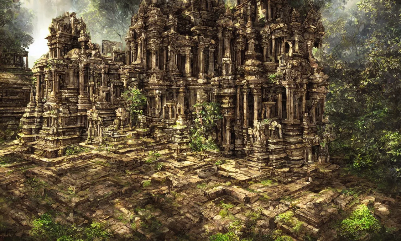 Image similar to hidden biomechanical ancient temple in a beautiful sri lankan landscape, concept art, intricate detail, volumetric shadows and lighting, realistic oil painting,