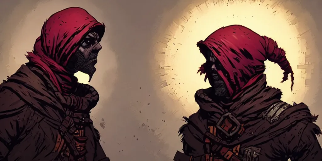 Image similar to rogue character portrait, sprite, hood, darkest dungeon, pc game, sideview, art by moebius and greg rutkowski.