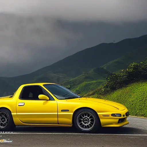 Image similar to Yellow Mazda RX7 drifting through quindio\'s mountains, photography, jdm style