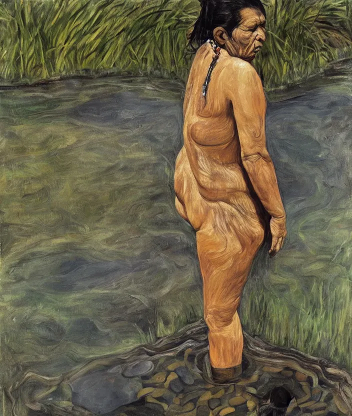 Prompt: indigenous woman standing in a pond, painted by lucian freud, hd, super detailed, realistic, muted colors