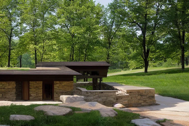 Prompt: prarie home, driftless farm, designed by / frank loyd wright /, stone patio, wood, modest