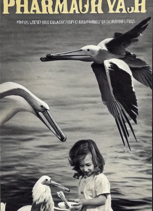 Image similar to vintage pharamaceutical magazine advertisement depicting charles manson feeding pelicans to children