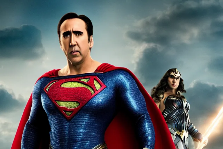 Image similar to film still of Nicolas Cage as Superman in Justice League movie, 4k